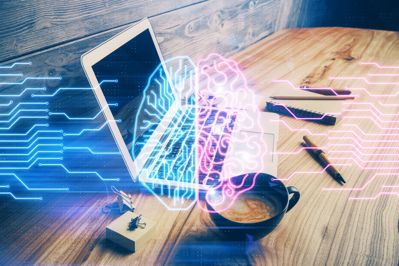 Double exposure of desktop computer and human brain drawing hologram. Ai concept.